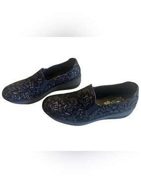 Rieker Antistress Womens 39 Slip On Loafers Black Metallic Floral Lace NWOT 8